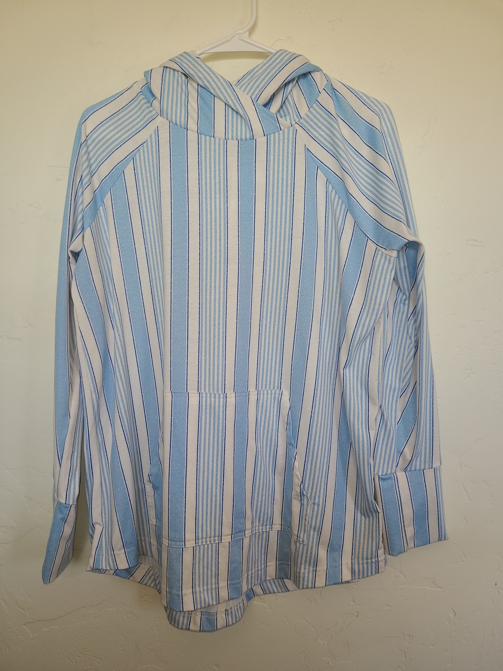 LuLaRoe Light Blue and White Striped Hoodie, Size L